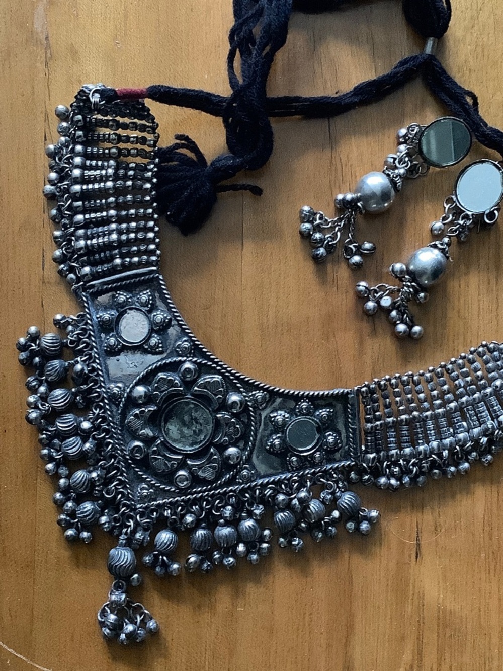 Silver tribal Mirror Bib Necklace with Matching Earrings